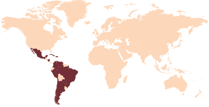 Mapa-mundo com a região da América Latina em destaque
