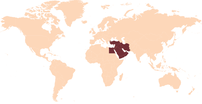 Mapa del mundo con la región de Oriente Próximo destacada